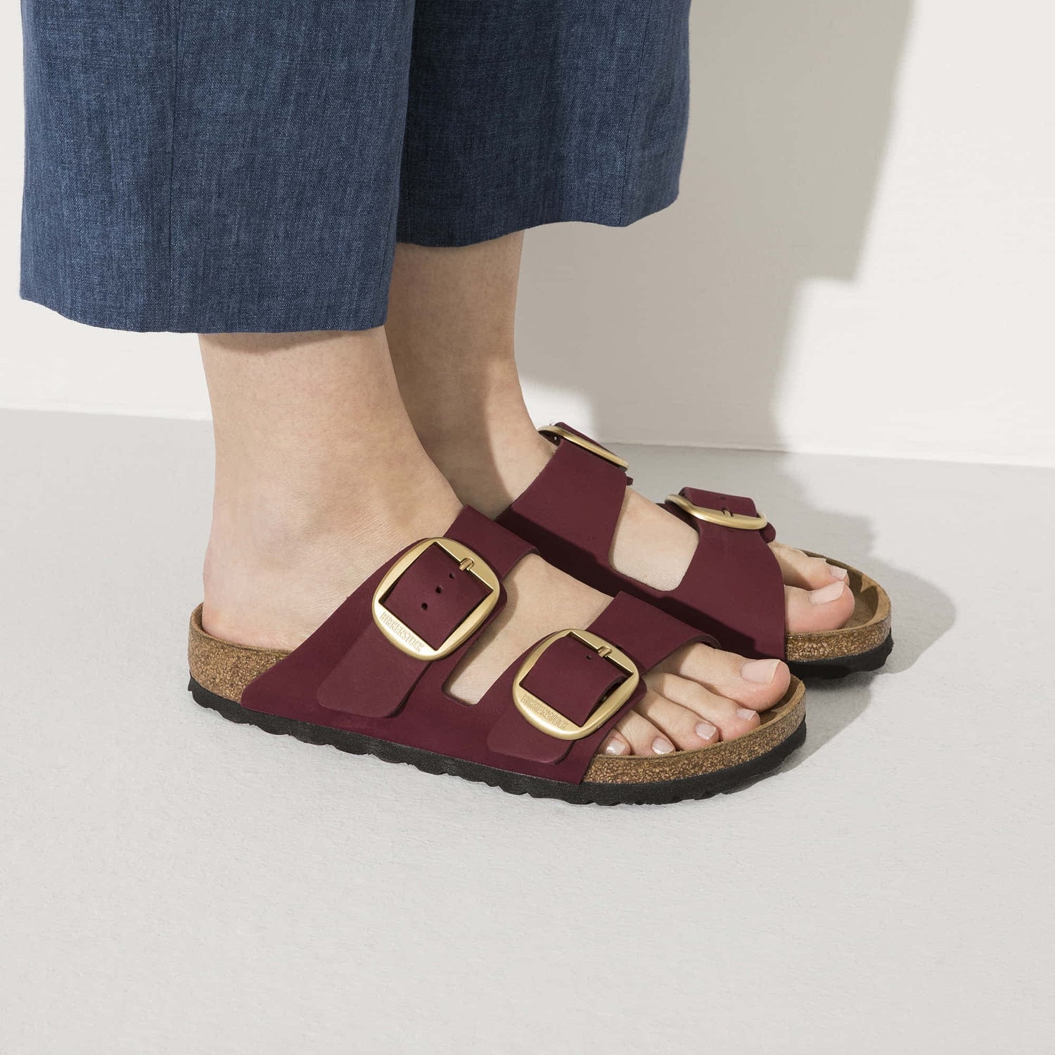 Birkenstock Arizona Big Buckle Red Nubuck Leather Sandal Front Closeup Look