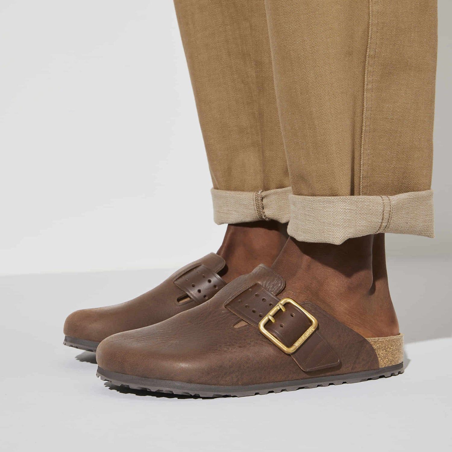Birkenstock Boston Brown Bold Gap Natural Leather - closeup look