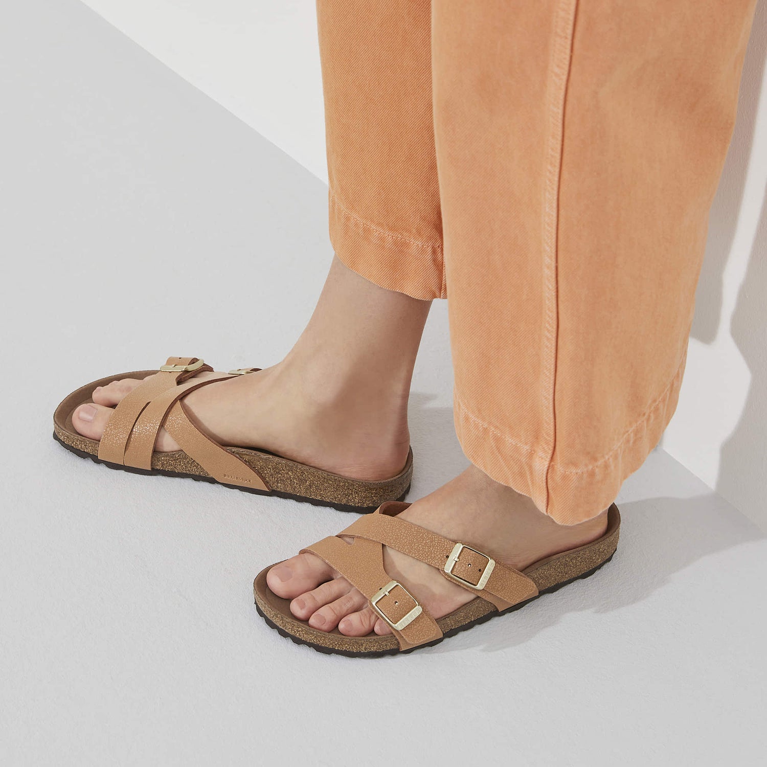 Birkenstock Yao Vegan Birko-Flor brown Nubuck Sandal Front Closeup Look