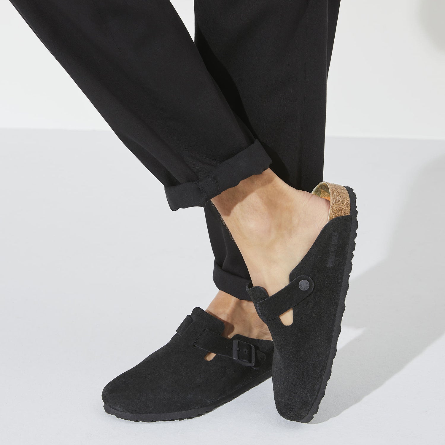 Birkenstock Boston Suede Black Leather Clog Front Closeup Look